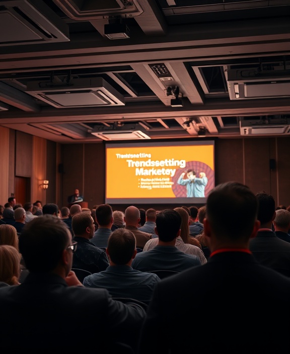 trendsetting marketing strategy, excited, presenting to an audience, photorealistic, conference hall with overhead projectors, highly detailed, audience reactions, contrasting shades, bright artificial lights, shot with a 55mm lens