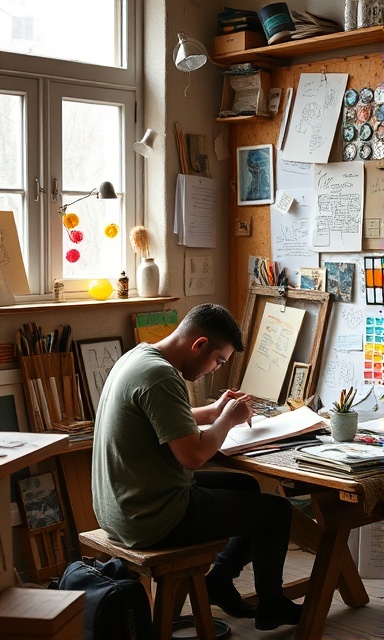 contemporary design inspiration, pondering, sketching, photorealistic, artist's studio filled with art tools and mood boards, highly detailed, fluttering papers and scribbles, HDR quality, earth tones with bright accents, natural light from window, shot with a 35mm lens