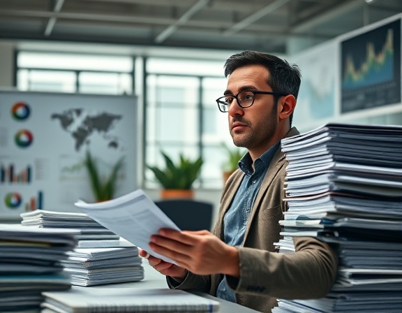 insightful reputation analysis, analytical expression, evaluating trends, photorealistic, modern office with stacks of reports and infographics, highly detailed, moving graphs, 4k resolution, muted colors, bright overhead lighting, shot with a 85mm lens