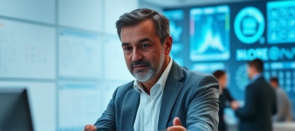 dynamic reputation development, determined expression, formulating plans, photorealistic, futuristic workspace with digital whiteboards, highly detailed, evolving holograms, 4k resolution, neutral colors, focused spotlight, shot with a 28mm lens