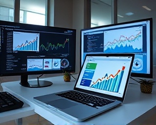 cutting-edge marketing analytics, curious, interpreting graphs on a laptop, photorealistic, tech-savvy workspace with multiple monitors, highly detailed, digital reflections, sharp contrast, muted pastels, ambient screen light, shot with a 28mm lens