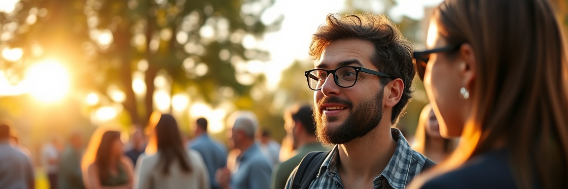 adventurous leadprospecting, inquisitive expression, seeking opportunities, photorealistic, outdoor networking event in a sunlit park, highly detailed, conversation bubbles rising, tilt-shift effect, fresh greens, golden hour lighting, shot with a 24mm lens