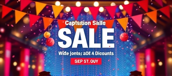 artistic email promotion, captivating, highlighting discounts, photorealistic, vibrant festival background with banners and confetti, highly detailed, animated GIF sections, retro style, bright colors, spotlight lighting, shot with a tilt-shift lens.