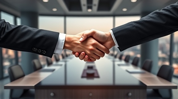 strategic leadsales, confident expression, closing a deal, photorealistic, sleek boardroom with large conference table and panoramic city view, highly detailed, handshake captured mid-air, bokeh effect, neutral palette, spotlighting, shot with a 70-200mm lens