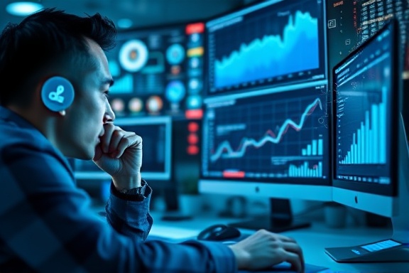 analytical socialmedia analytics, thoughtful, analyzing data on multiple screens, photorealistic, high-tech workspace with holographic displays, highly detailed, floating icons and dynamic graphs, sharp clarity, cool blue tones, ambient light, shot with a macro lens.
