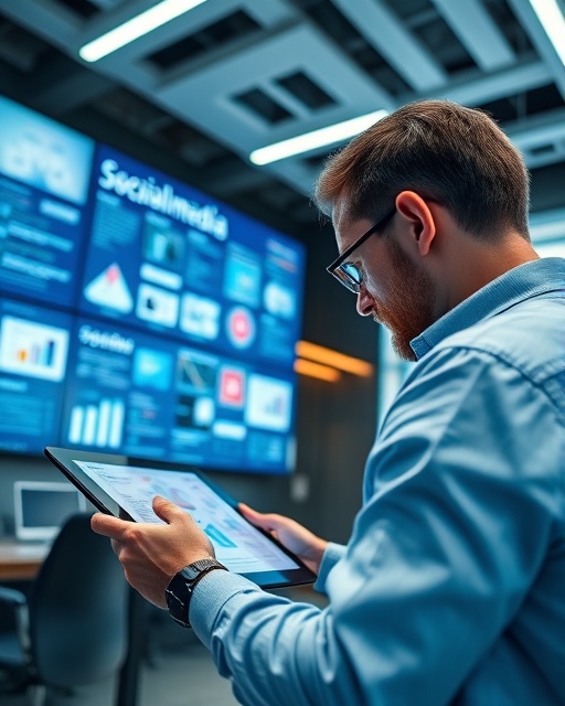 strategic socialmedia strategy, focused, planning on a digital tablet, photorealistic, modern office space with large screens, highly detailed, flowcharts and graphs visible, clear focus, soft blues and whites, LED lighting, shot with a wide-angle lens.