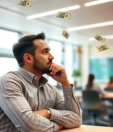 efficient PPC budget management, pondering, calculating expenses, photorealistic, bright conference room, highly detailed, currency symbols floating, ISO 100, earthy tones, natural daylight, shot with an 85mm lens.
