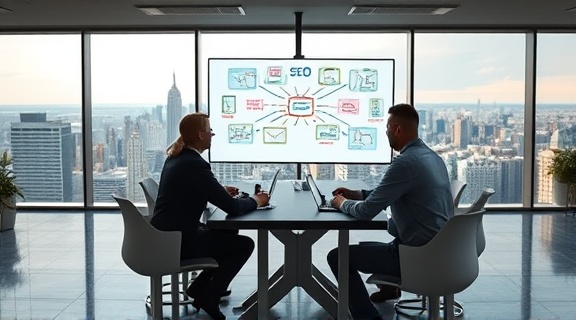 comprehensive SEO strategy session, collaborative expression, exchanging ideas around a table, photorealistic, open-plan office with panoramic city views, highly detailed, animated brainstorm on a digital screen, subtle textures, natural and artificial lighting blend, shot with a 70-200mm lens.