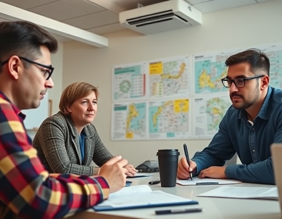 practical leadsource, calculating expression, formulating strategies, photorealistic, think tank environment with strategy maps and thoughtful colleagues, highly detailed, air conditioning hum, wide shot, primary colors, mixed lighting, shot with a 35mm lens