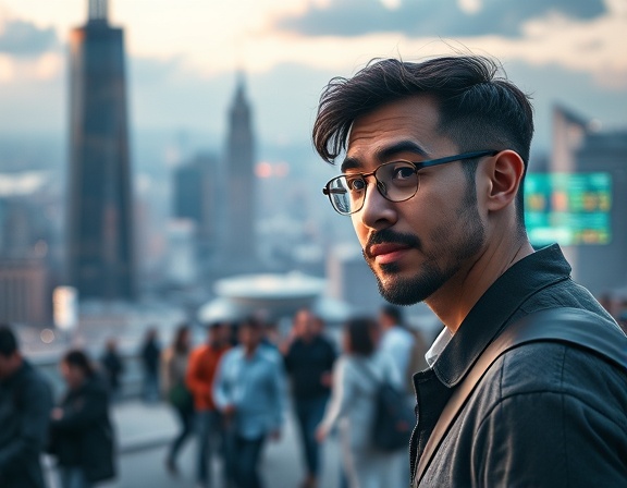 innovative digital contact, curious expression, networking, photorealistic, vast digital city skyline in the background with holographic displays, highly detailed, bustling activity, depth of field, cool colors, mid-afternoon lighting, shot with a telephoto lens.