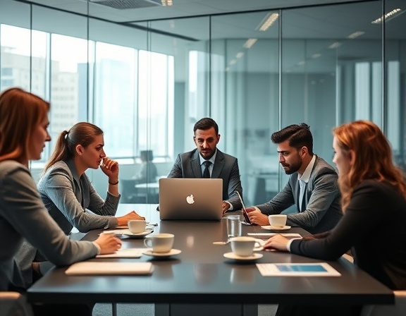 dynamic marketing strategy, focused, brainstorming with team members, photorealistic, sleek conference room with glass walls, highly detailed, coffee cups and laptops on the table, subtle gradients, neutral colors, soft ambient lighting, shot with a 35mm lens
