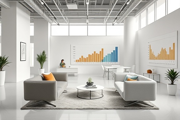 sleek modern design, confident, refining, photorealistic, open office space with minimalist furniture, highly detailed, dynamic charts and graphs, high-definition clarity, metallics with earth hues, spot lighting, shot with a 85mm prime lens