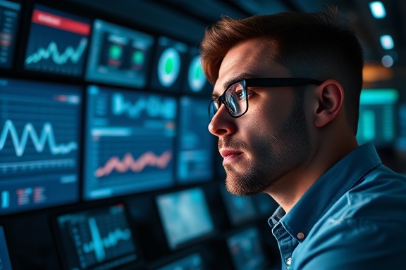 strategic reputation monitoring, focused expression, observing digital metrics, photorealistic, high-tech control room with screens displaying data, highly detailed, interactive interfaces, 8k resolution, cool tones, ambient evening glow, shot with a 24mm wide-angle lens