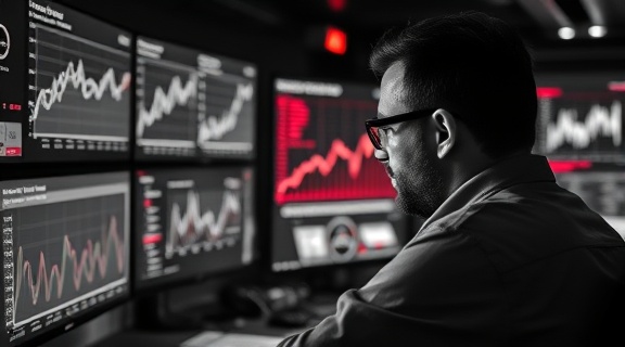 data-driven PPC analytics, absorbed, scrutinizing performance graphs, photorealistic, high-tech control room, highly detailed, rotating graphs on screens, ISO 320, monochrome with red accents, low-key lighting, shot with a 50mm lens.