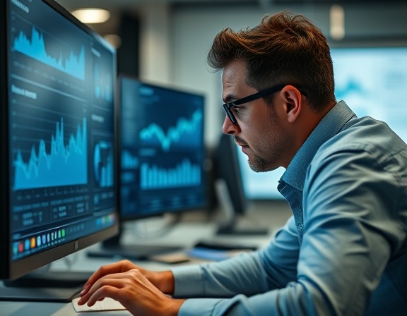 meticulous PPC analytics, concentrating, delving into statistics, photorealistic, modern office with multiple screens, highly detailed, dynamic charts, ISO 400, muted tones with blue highlights, diffused lighting, shot with a macro lens.