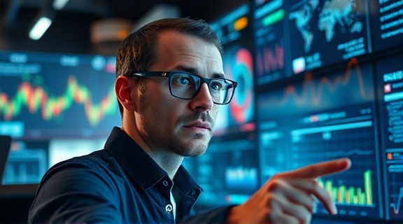 innovative leadsource, focused expression, analyzing charts, photorealistic, tech-driven environment with multiple screens and digital displays, highly detailed, flickering LED lights, dynamic motion capture, cool colors, ambient lighting, shot with a 35mm lens