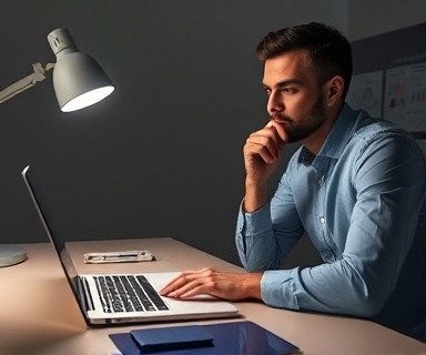 meticulous SEO audit, thoughtful expression, reviewing website metrics, photorealistic, minimalist desk with a sleek laptop and notepad, highly detailed, interactive holographic charts, precise details, muted colors, desk lamp lighting, shot with a macro lens.
