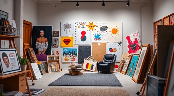 strategic reputation branding, inspiring expression, crafting messages, photorealistic, creative studio with mood boards and designs, highly detailed, artistic splashes, 8k resolution, bold colors, diffused softbox lighting, shot with a 50mm lens