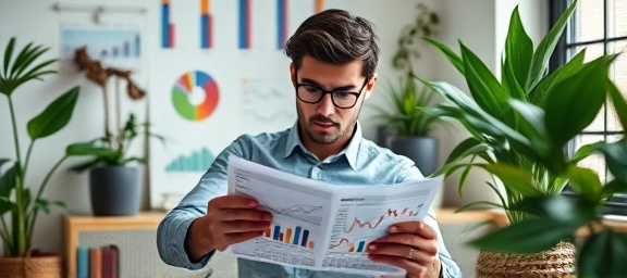 analytical marketing trends, inquisitive, reviewing market data on paper, photorealistic, cozy corner office with indoor plants, highly detailed, background blurred charts, soft hues, diffused daylight, shot with a 30mm lens