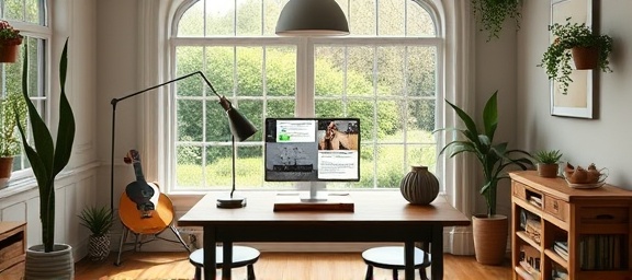 classic email template, inviting, showcasing a product, photorealistic, cozy home office background with a view of a garden, highly detailed, dynamic infographics, clean layout design, earthy tones, ambient lighting, shot with a macro lens.