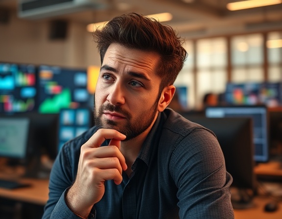 dynamic marketing contact, thoughtful expression, analyzing, photorealistic, open-plan office with multiple screens in the background, highly detailed, animated data streams, high resolution, warm colors, ambient indoor lighting, shot with a macro lens.