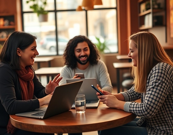 interactive socialmedia networking, enthusiastic, engaging in digital conversation, photorealistic, cozy café with laptops and tablets, highly detailed, emojis and chat bubbles visible, lively atmosphere, warm earth tones, natural morning light, shot with a 24mm lens.