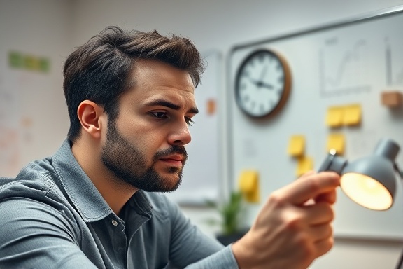 analytical leadgen, calm expression, reviewing metrics, photorealistic, minimalist office with whiteboards and sticky notes, highly detailed, clock ticking audibly, freeze frame, muted grays, soft desk lamp lighting, shot with a 50mm lens