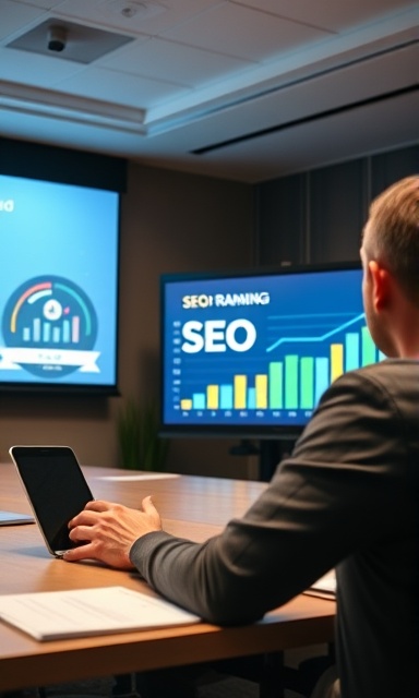 successful SEO ranking discussion, enthusiastic expression, presenting results, photorealistic, boardroom with a large projector screen, highly detailed, dynamic slideshow on screen, high resolution, balanced color, bright indoor lighting, shot with an 85mm lens.