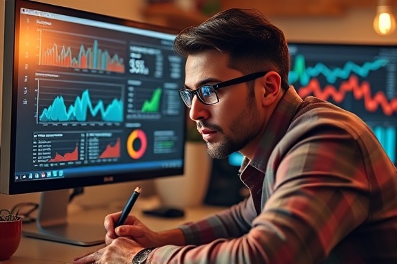 diligent SEO analysis, curious expression, examining data charts, photorealistic, cozy workspace with a dual-monitor setup, highly detailed, dynamic data visuals on screens, crisp clarity, warm tones, soft ambient lighting, shot with a 35mm lens.
