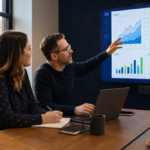 A business owner and strategist reviewing website growth and lead performance